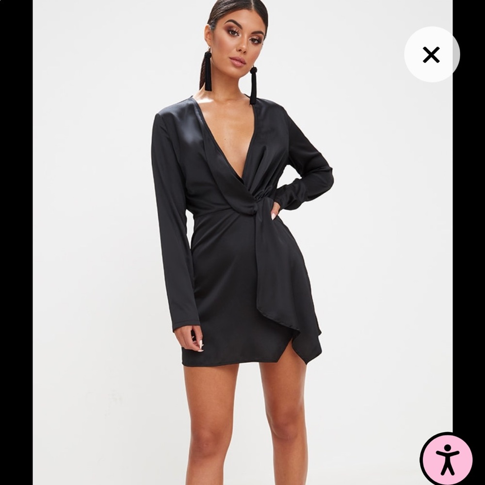 Black Satin Long Sleeve Wrap Dress